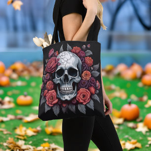 Chic Skull with Roses Gothic Halloween Tote Bag