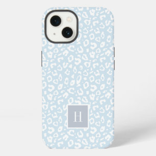 Chic Sky Blue Leopard Print Monogram iPhone 13 Case
