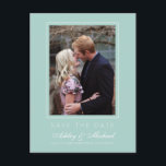Chic Sky Blue Save the Date Engagement Photo Announcement Postcard<br><div class="desc">Modern, chic save the date photo postcard with elegant script and modern typography. The save the date card has a sky blue background with a subtle thin white frame around the photo. You can easily customise this save the date card with your upcoming wedding details, your engagement photo and a...</div>