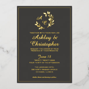 Chic Slate Grey Leaf Monogram Photo Wedding Gold