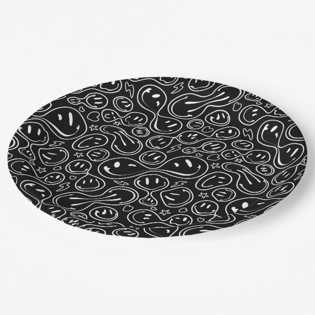 Chic Smiling Face Melting Smile Pattern Black Paper Plate (Angled)
