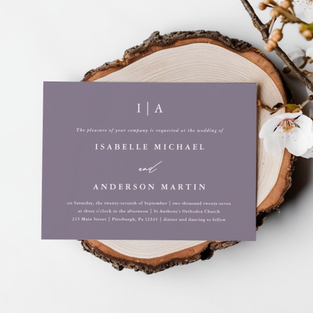 Chic Smoky Purple Monogram Wedding Invitation (Creator Uploaded)