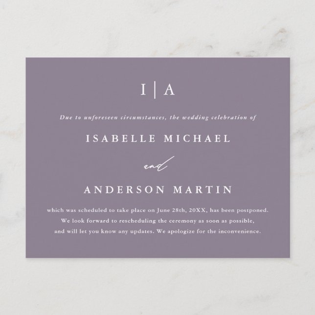 Chic Smoky Purple Monogram Wedding Postponement Announcement Postcard (Front)