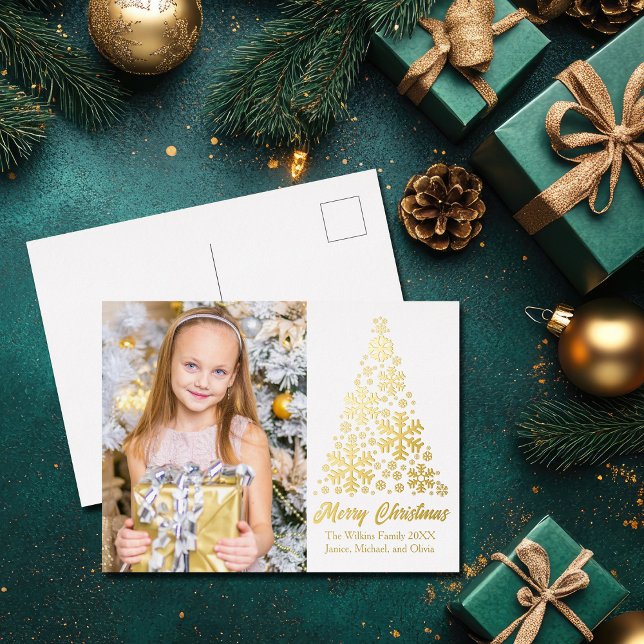 Chic Snowflakes Christmas Tree Family Photo Gold Foil Holiday Postcard (Creator Uploaded)
