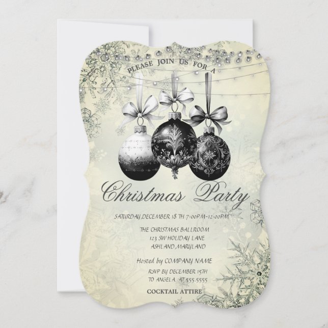 Chic Snowflakes,Lights,Black Balls Christmas Party Invitation (Front)