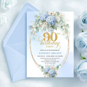 Chic Soft Blue Floral Eucalyptus 90th Birthday Invitation