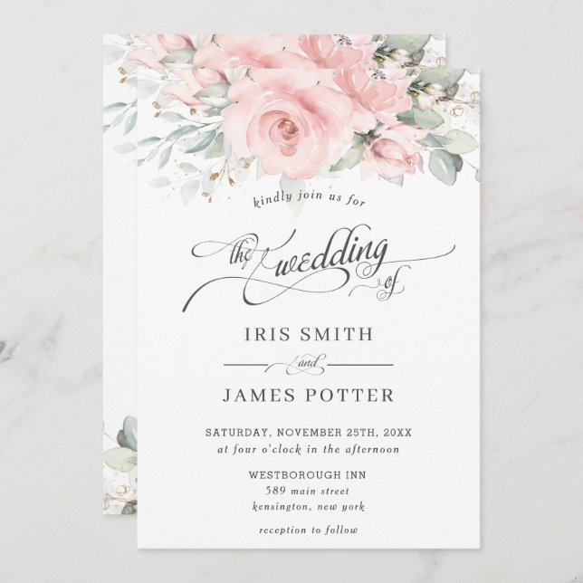 Chic Soft Blush Pink Floral Greenery Wedding Invitation (Front/Back)