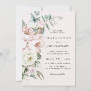 Chic Soft Blush Pink Ivory Peonies Floral Wedding Invitation
