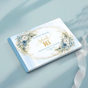 Chic Soft Dusty Blue Floral Gold Sweet Sixteen Guest Book