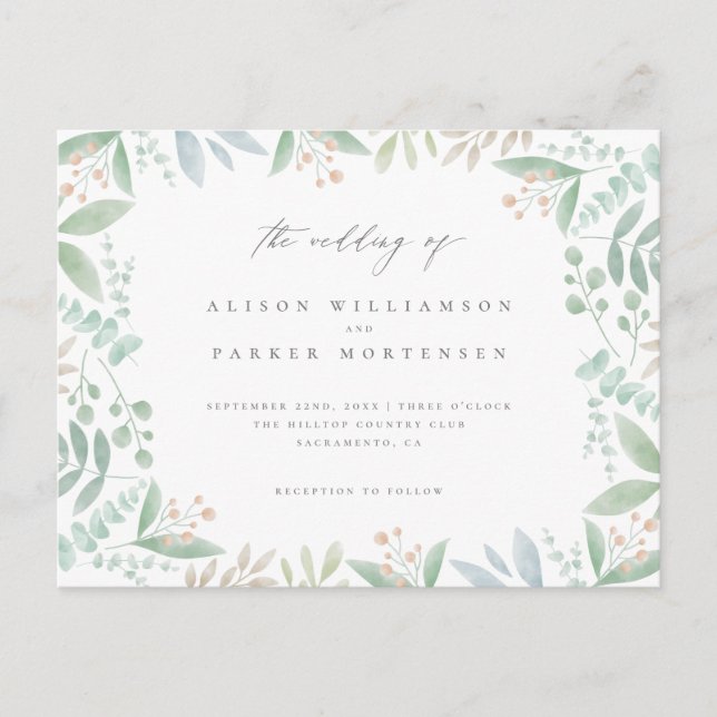 Chic Soft Eucalyptus, Leaves & Greenery Wedding Invitation Postcard (Front)