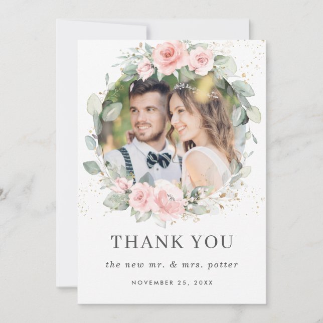 Chic Soft Hued Blush Pink Floral Greenery Photo  Thank You Card (Front)
