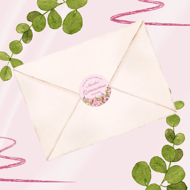 Chic Soft Pink Pink Poppies Quinceañera Thank You Classic Round Sticker (Creator Uploaded)