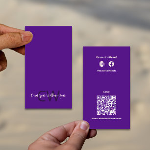 Chic Solid Indigo Purple Monogram QR Code Social Business Card