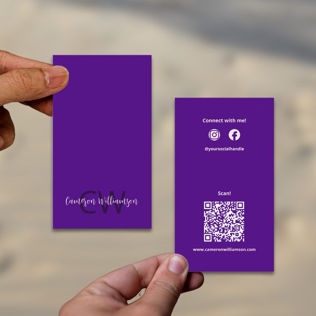 Chic Solid Indigo Purple Monogram QR Code Social Business Card (Chic Solid Indigo Purple Monogram QR Code Social Business Card)