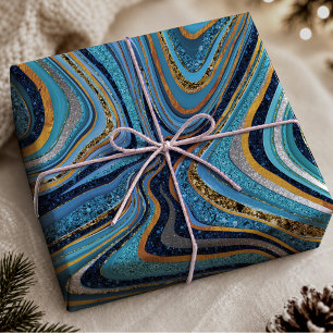 Chic Sparkle Blue Gold Modern Marble Art Wrapping Paper