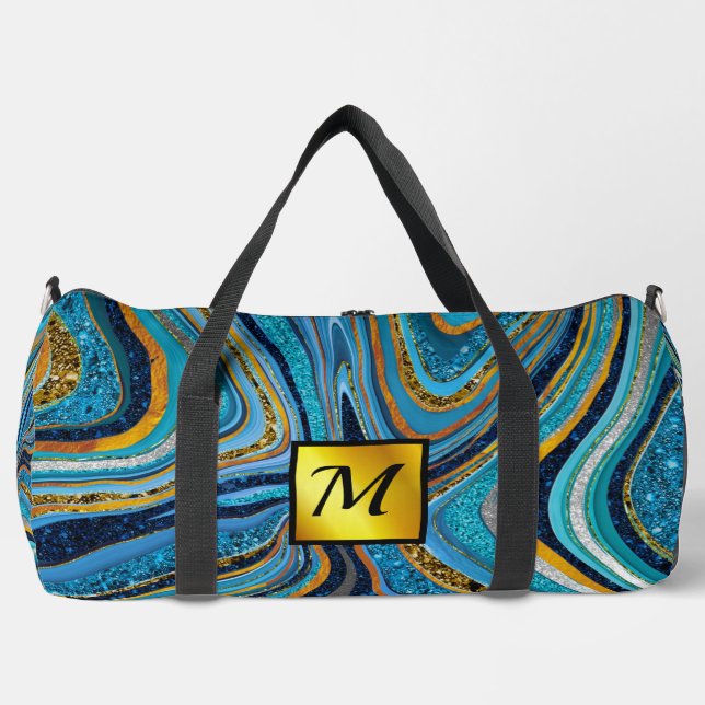 Chic Sparkle Glitter marble art blue gold monogram Duffle Bag (Front)