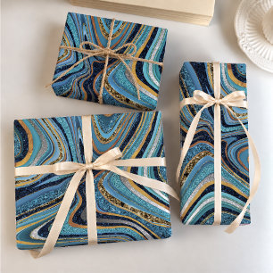 Chic Sparkle Glitter marble art blue gold Wrapping Paper