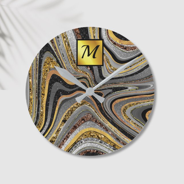 Chic Sparkle Glitter marble art grey gold monogram Round Clock (Creator Uploaded)