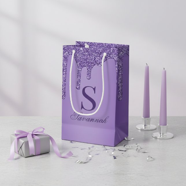 Chic Sparkle Purple Glitter Drips Monogram  Small Gift Bag (Creator Uploaded)
