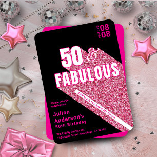 Chic Sparkling Black & Pink Fabulous 50th Birthday Invitation
