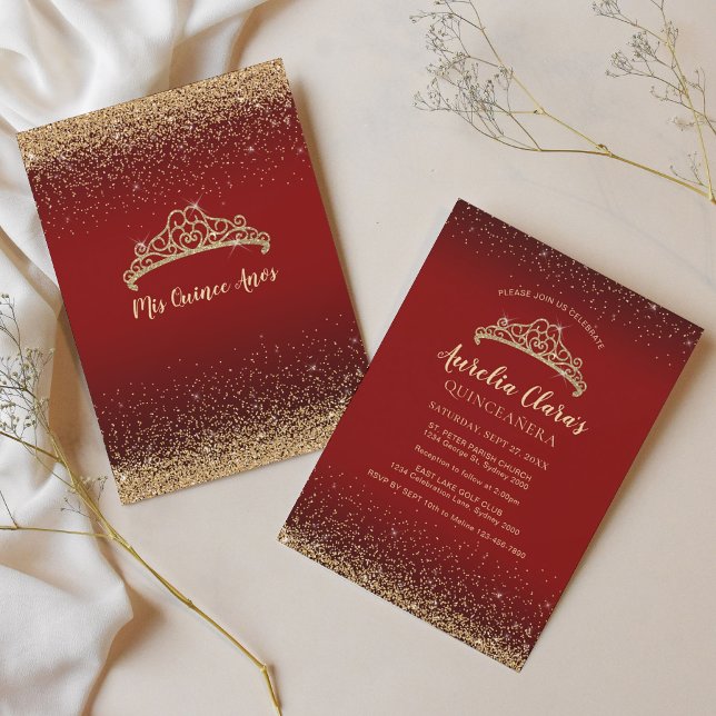 Chic Sparkling Red Gold Glitter Tiara Quinceanera Invitation (Creator Uploaded)