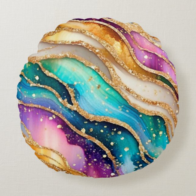 Chic Sparkly Glitter Golden Rainbow Agate Glamour  Round Cushion (Front)
