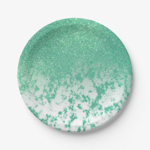 Chic Sparkly Mermaid Green Glitter Marble Ombre Paper Plate