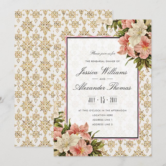 Chic Spring Bouquets Gold Glitter Rehearsal Dinner Invitation (Front/Back)