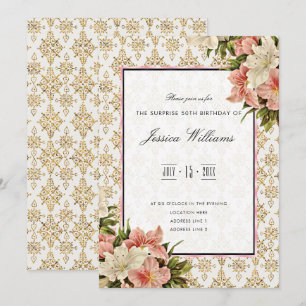 Chic Spring Bouquets & Gold Glitter Surprise 50th Invitation