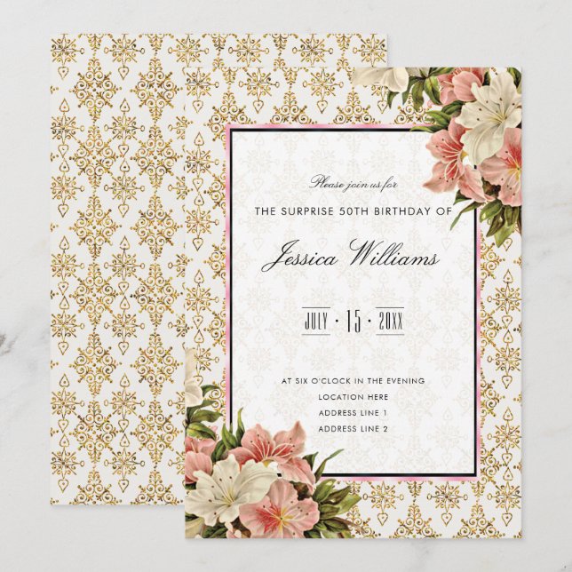 Chic Spring Bouquets & Gold Glitter Surprise 50th Invitation (Front/Back)