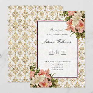 Chic Spring Bouquets & Gold Glitters Baby Shower Invitation
