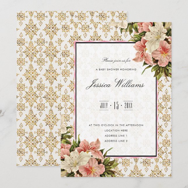 Chic Spring Bouquets & Gold Glitters Baby Shower Invitation (Front/Back)
