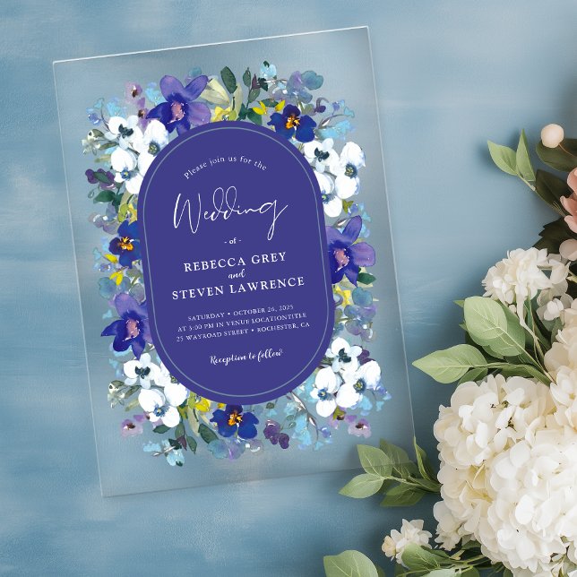 Chic spring dusty blue dark purple floral wedding acrylic invitations (Creator Uploaded)