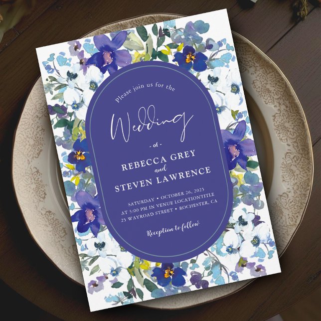 Chic spring dusty blue dark purple floral wedding invitation (Creator Uploaded)