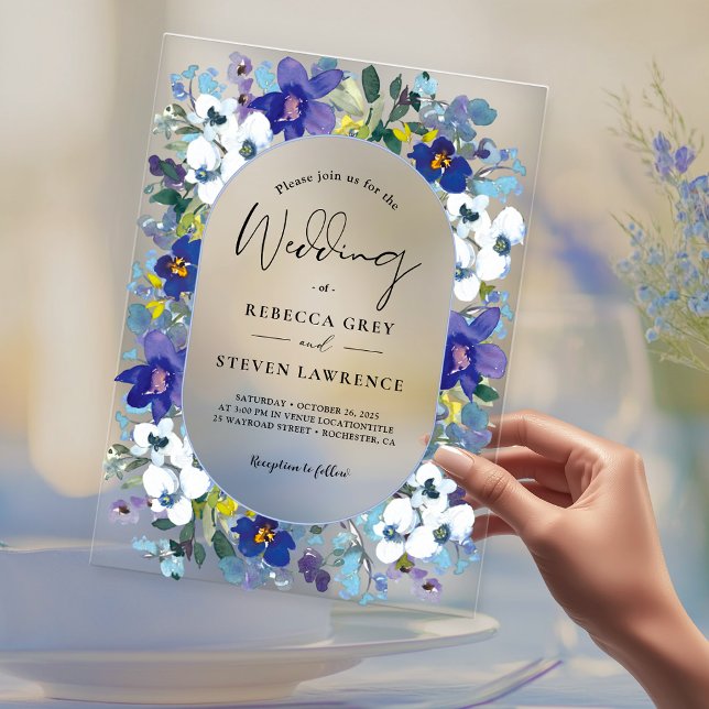 Chic spring dusty blue purple floral wedding acrylic invitations (Creator Uploaded)