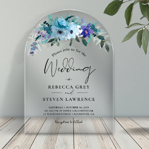 Chic spring dusty blue purple floral wedding arch acrylic invitations