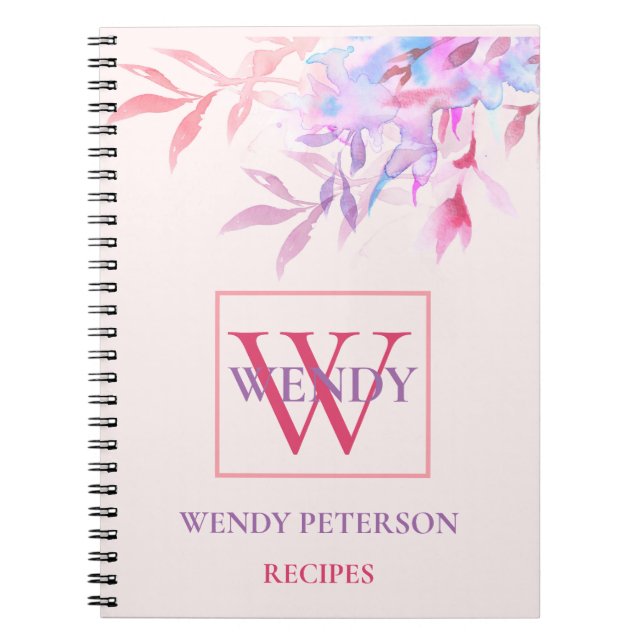 Chic spring floral pink Monogram Recipe Cookbook Notebook (Front)