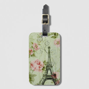 chic spring mint pink floral paris eiffel tower luggage tag