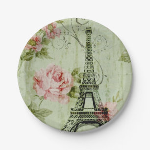 chic spring mint pink floral paris eiffel tower paper plate