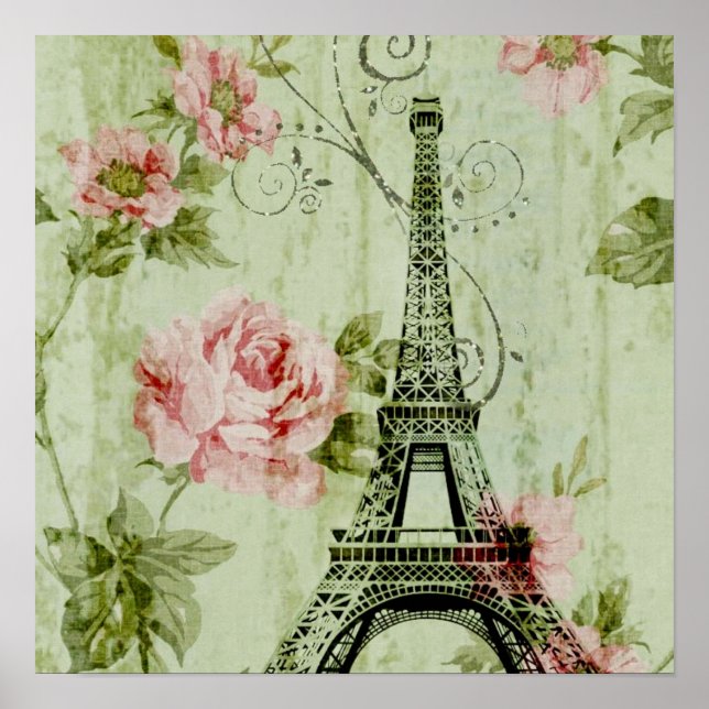 chic spring mint pink floral paris eiffel tower poster (Front)