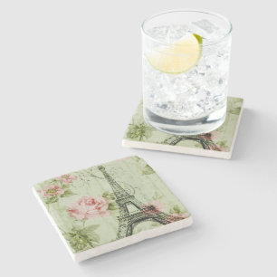 chic spring mint pink floral paris eiffel tower stone coaster