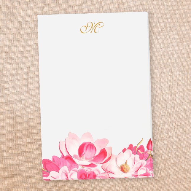Chic Spring Pink Magnolias Floral Monogram Notepad (Creator Uploaded)