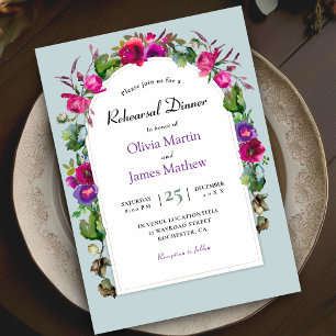 Chic spring pink purple flowers rehearsal dinner invitation