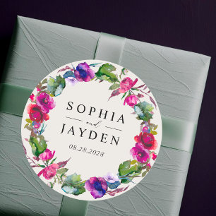 Chic spring pink purple watercolor floral wedding classic round sticker