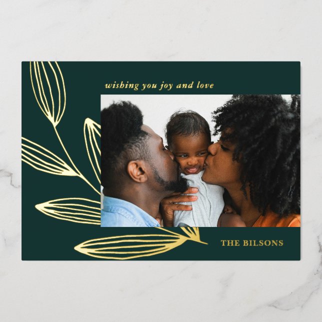 Chic Sprout Green and Gold Foil Holiday Photo Card (Front)
