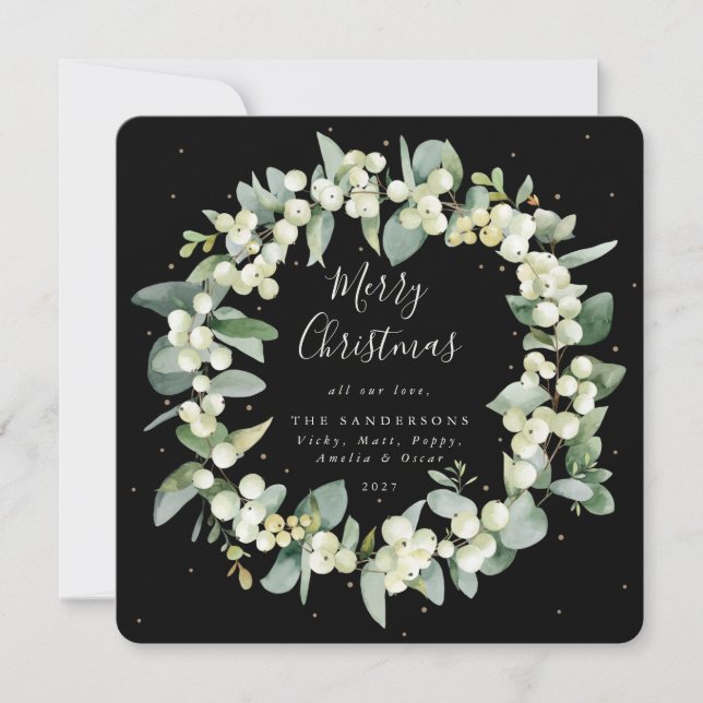 Chic Square Snowberry+Eucalyptus Christmas Wreath Holiday Card (Front)
