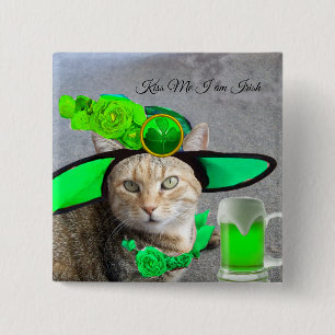 CHIC ST.PATRICK'S DAY CAT,GREEN ROSES,IRISH BEER 15 CM SQUARE BADGE