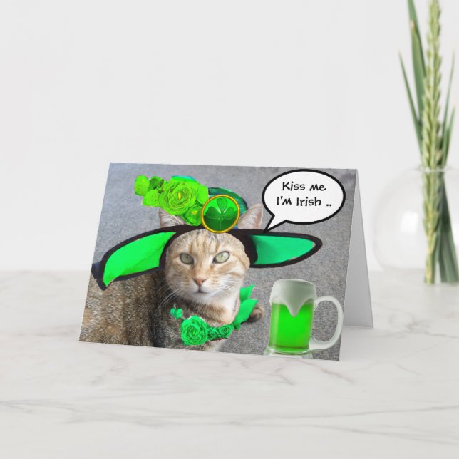 CHIC ST.PATRICK'S DAY CAT,GREEN ROSES,IRISH BEER CARD (Front)