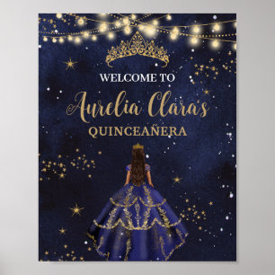 Chic Starry Night Navy Blue Dress Gold Quinceañera Poster