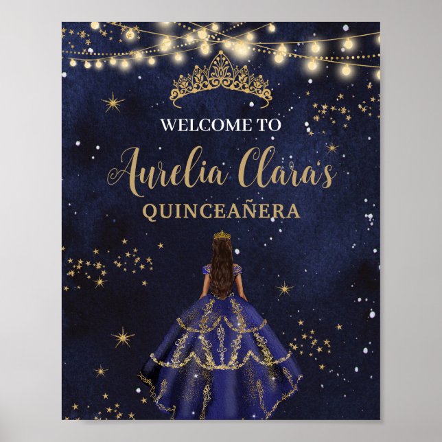Chic Starry Night Navy Blue Dress Gold Quinceañera Poster (Front)